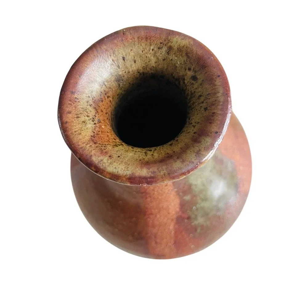 Signed Studio Pottery Vase Earthy Brown Green Glaze Hand Thrown Ceramic 7.75